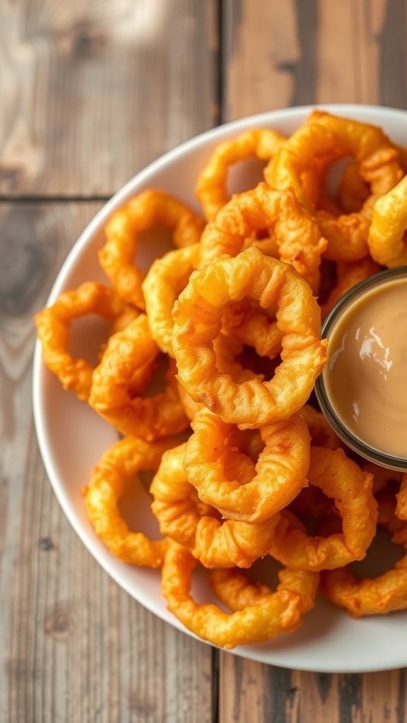 Crispy onion ring chips on a plate with dipping sauce on a wooden table.